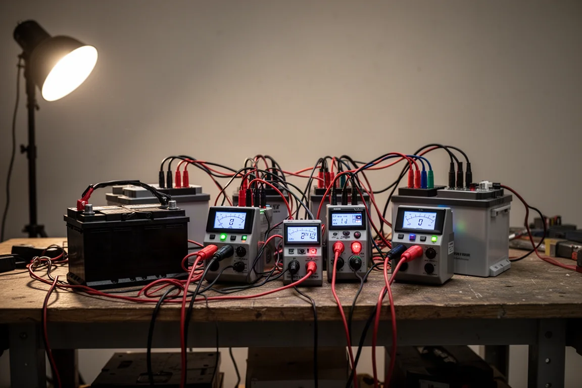 Batterien, an Entladetester angeschlossen, zur Messung der Reservekapazität