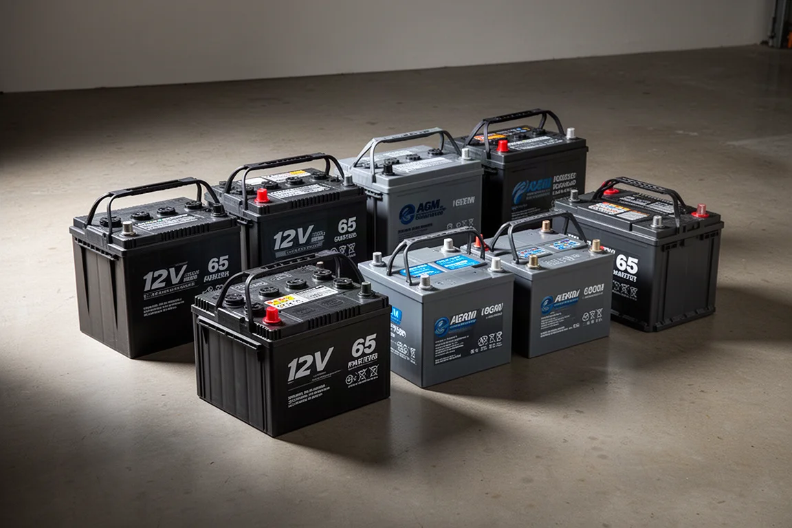 Nine group size 65 car batteries arranged in rows on a concrete garage floor