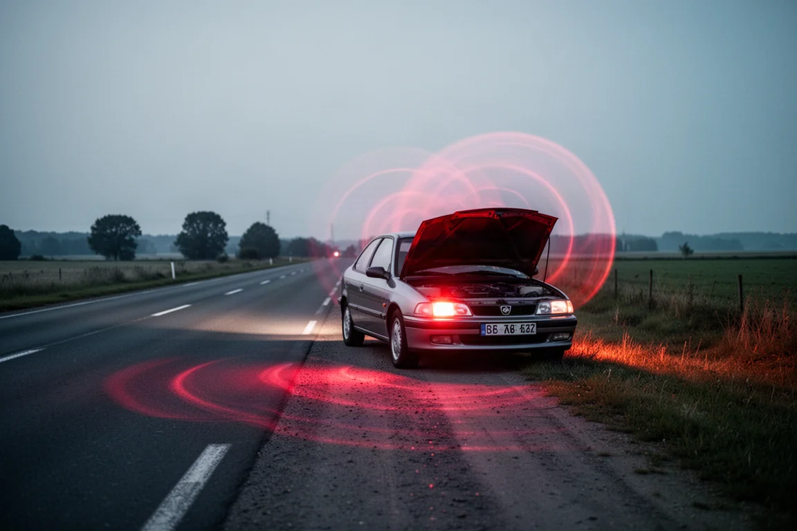 Voiture en panne au crépuscule sur le bas-côté d'une route rurale, feux de détresse allumés