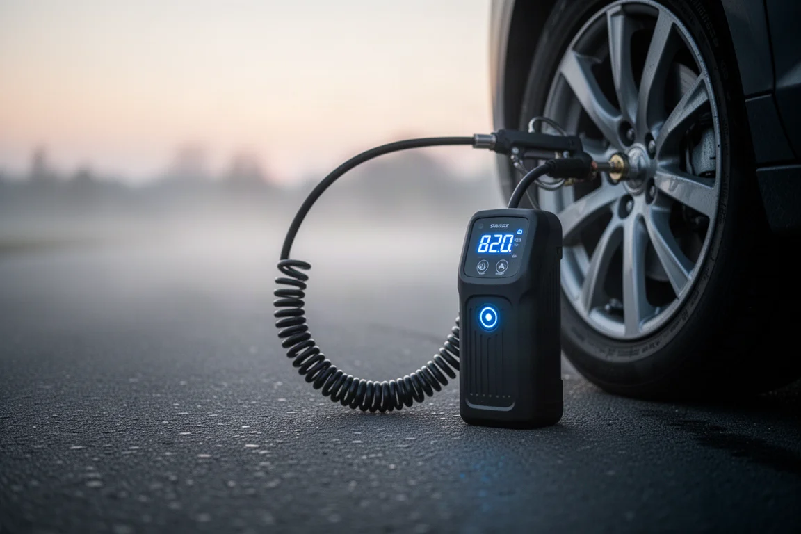Conducteur regonflant ses pneus avec un compresseur portable à l'aube