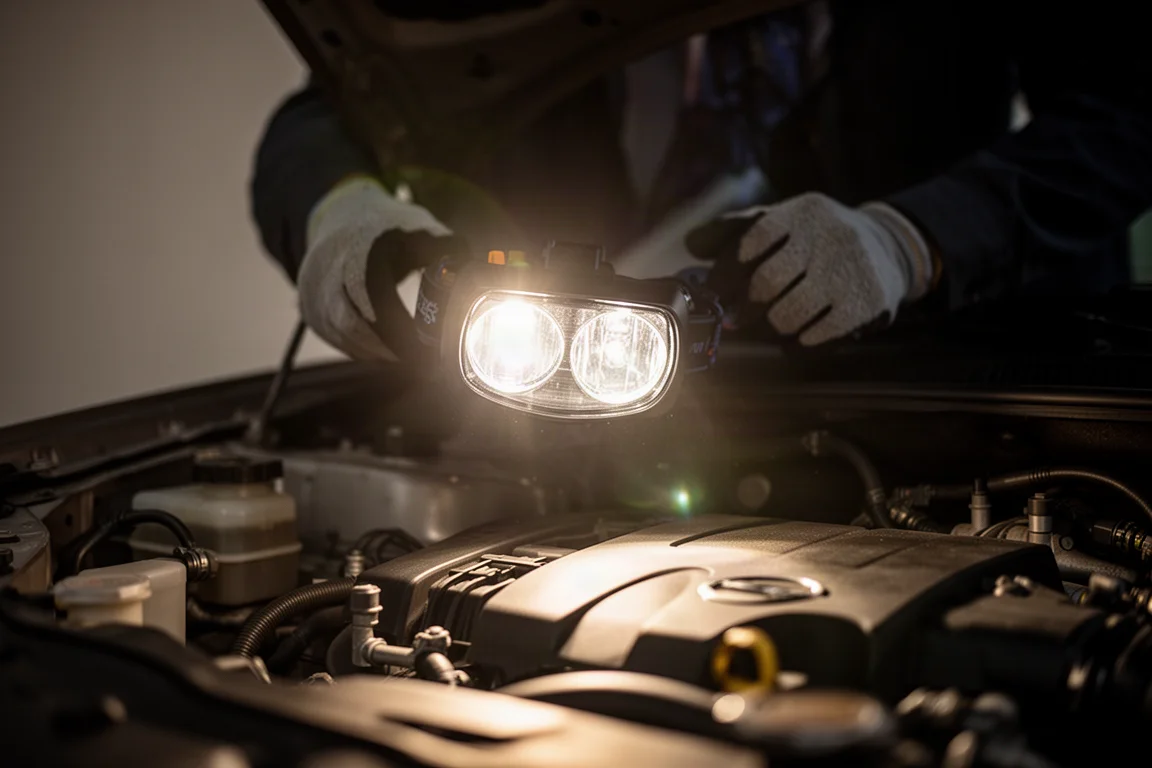 Lampe frontale projetant un large faisceau sur un capot moteur ouvert la nuit