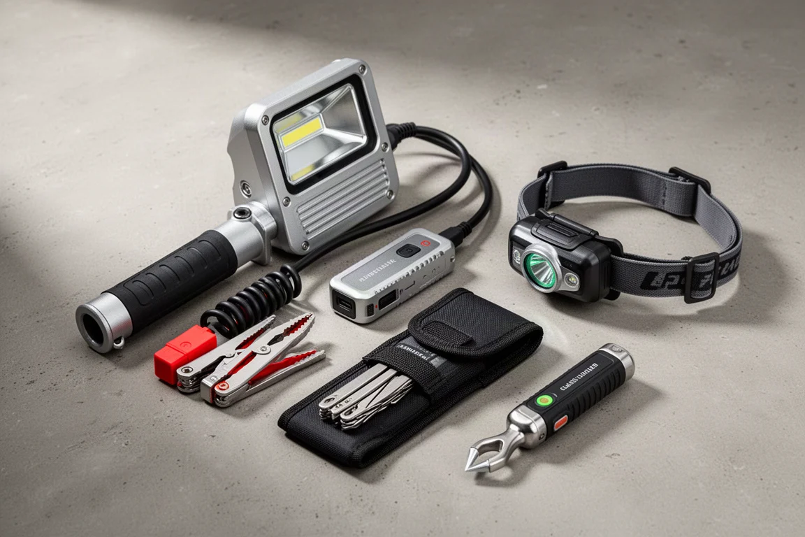 Vue à plat d'articles de kit d'urgence automobile, dont une lampe de travail, un booster de démarrage, un outil multifonction, une lampe frontale et un brise-vitre sur du béton