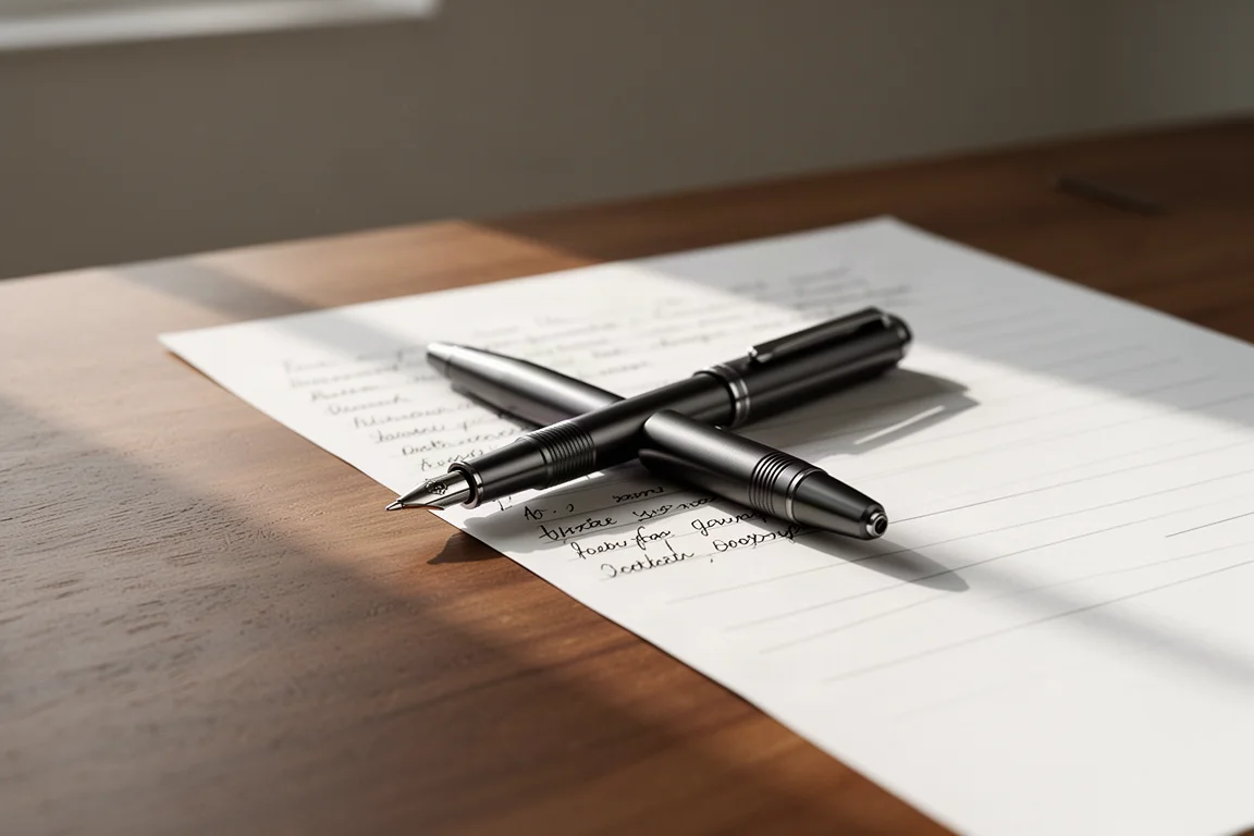 Machined aluminum pen resting on a desk next to a handwritten note