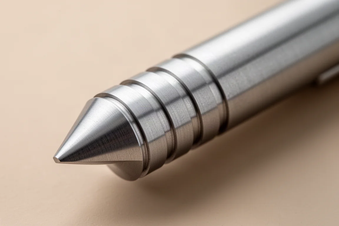 Close-up of a pen's chamfered ring grip section held under soft light