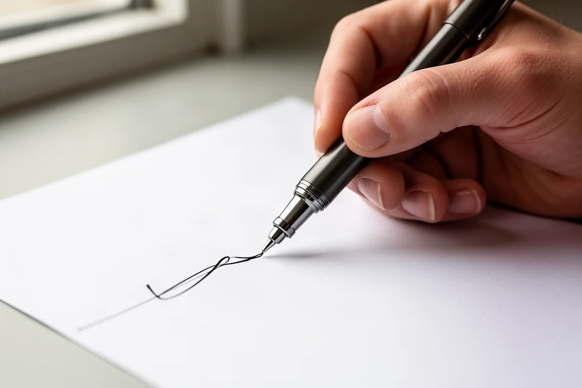 Hand writing quickly with a rollerball pen on blank white paper