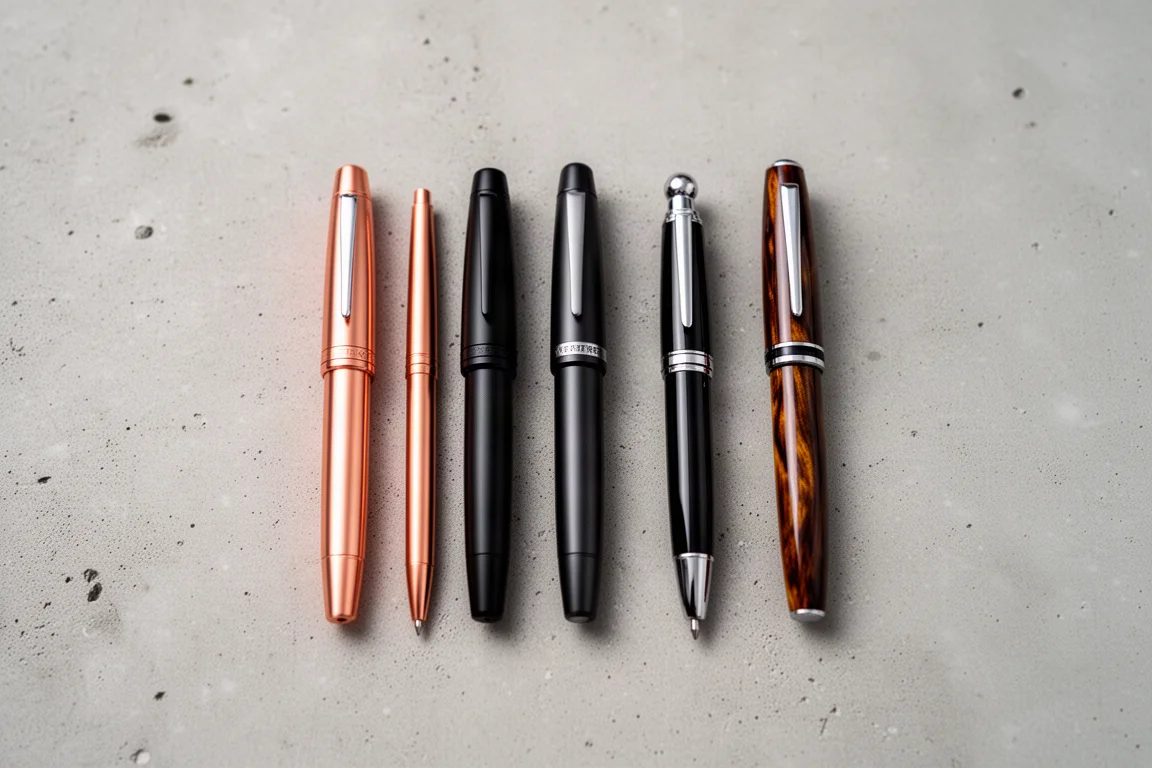 Flat-lay of several machined rollerball pens arranged on a desk