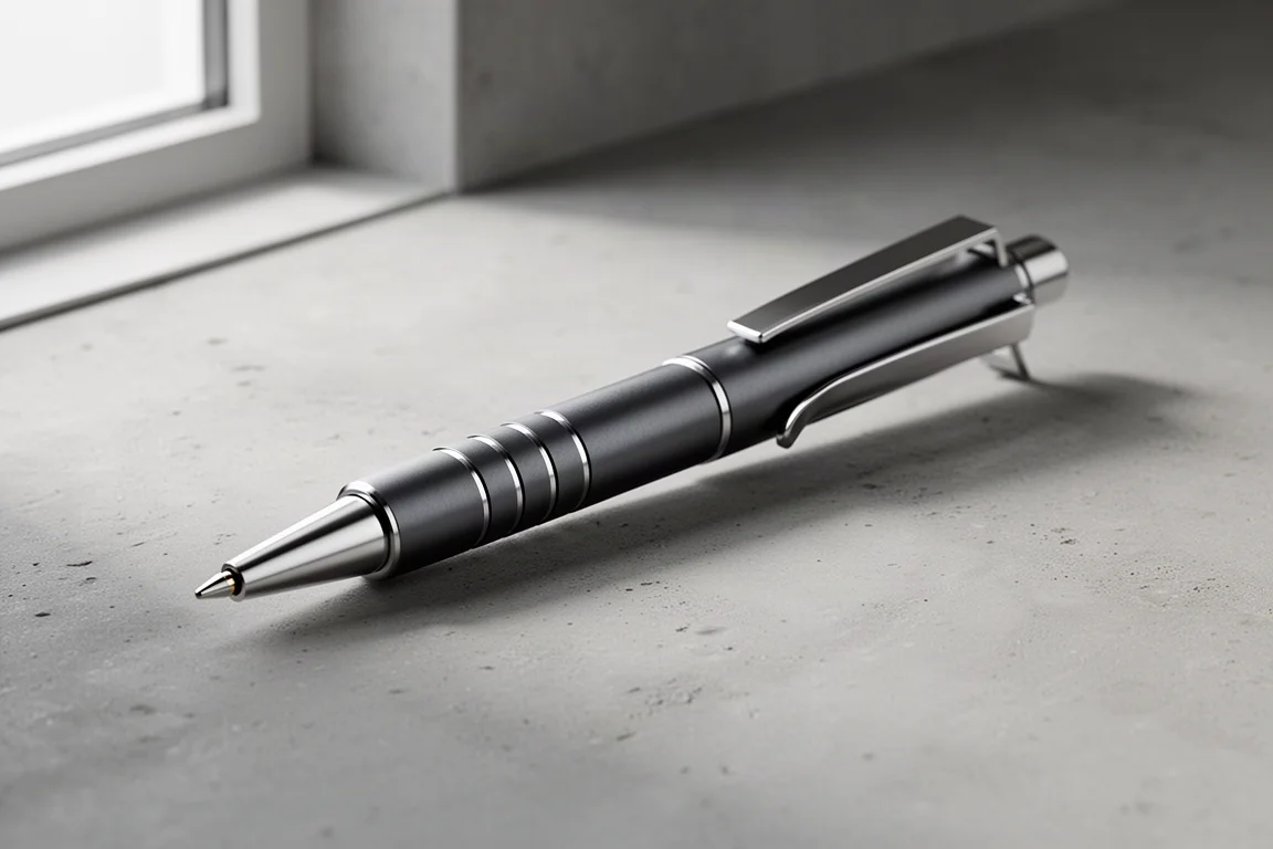 Machined aluminum rollerball pen with ring grip section and steel clip