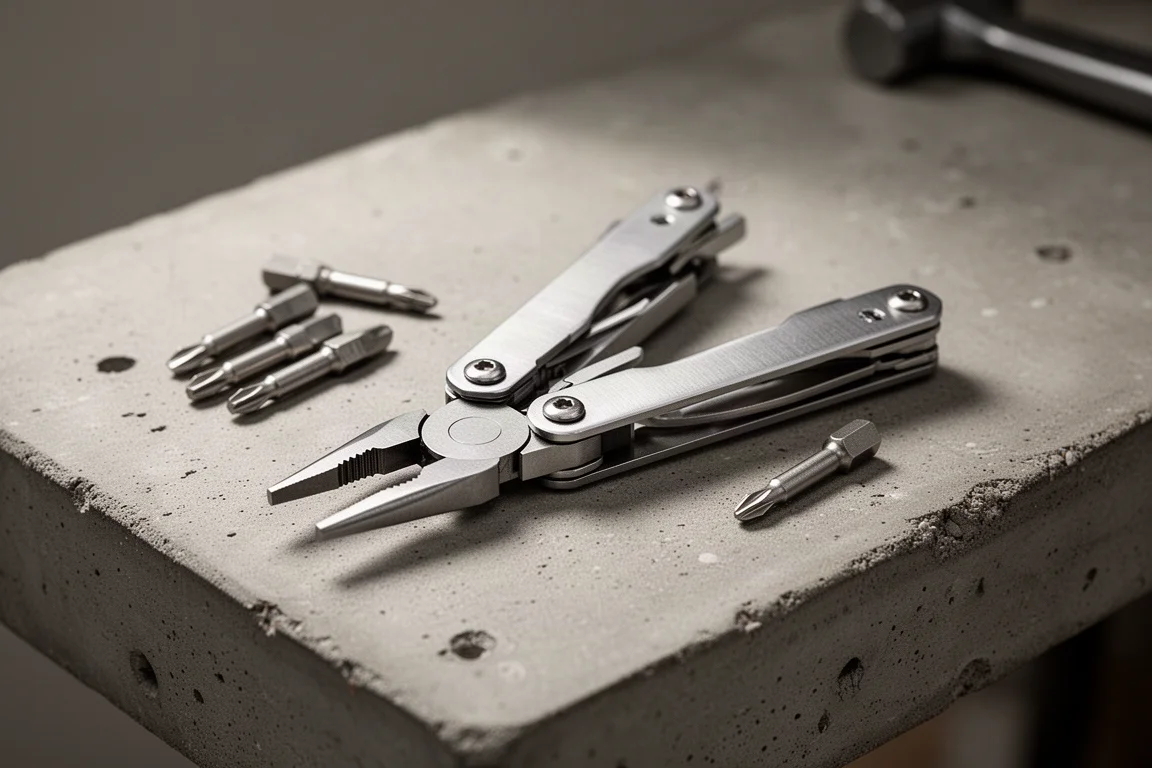 Multitool met tang op een zakclip open op een betonnen werkbank