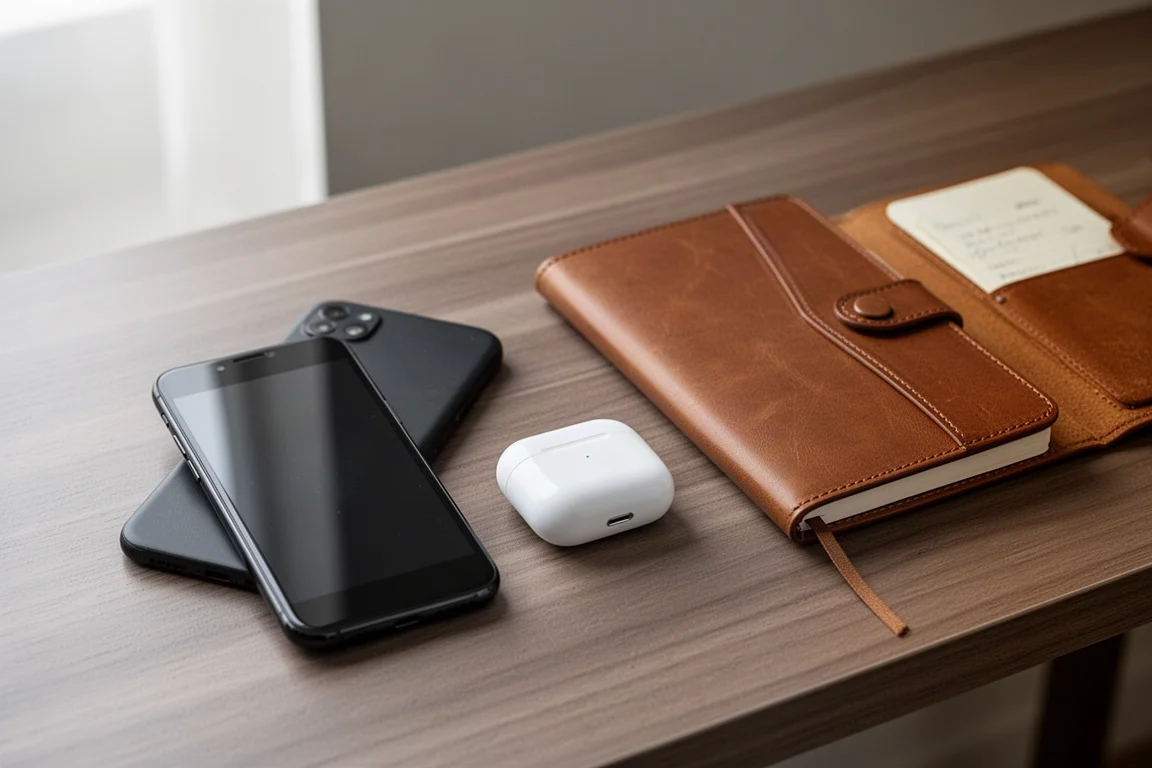 Smartphone e auricolari wireless appoggiati su una scrivania accanto a un taccuino in pelle
