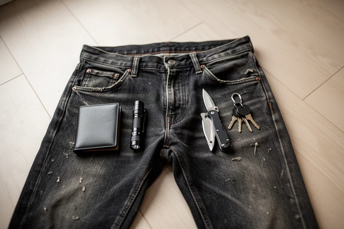 Nötta jeans utlagda platt med vardagsprylar arrangerade bredvid varje ficka