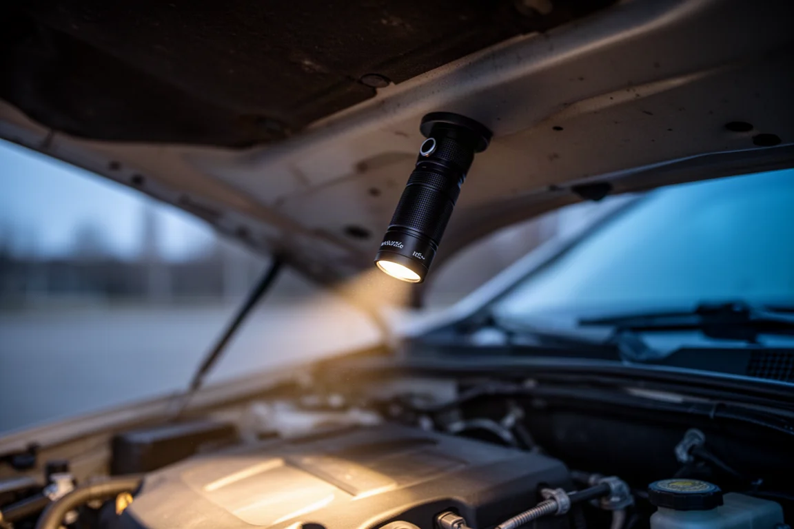 Kompakt svart ficklampa magnetiskt fäst under en bilhuv i skymningen