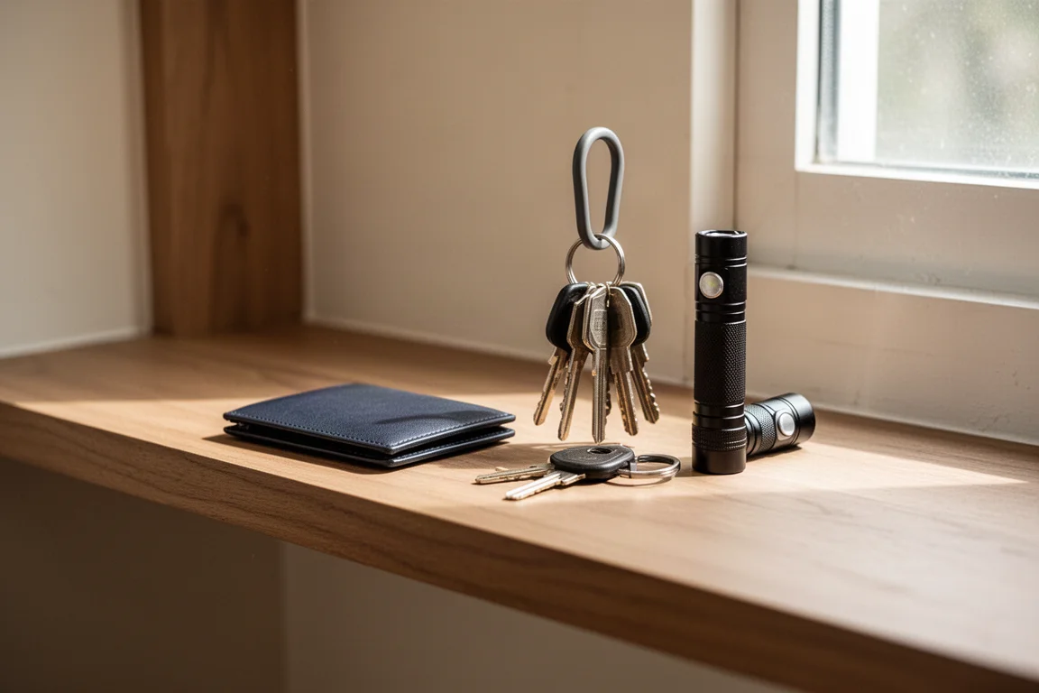 Hallhylla med plånbok, nycklar på en ögla och en kompakt ficklampa