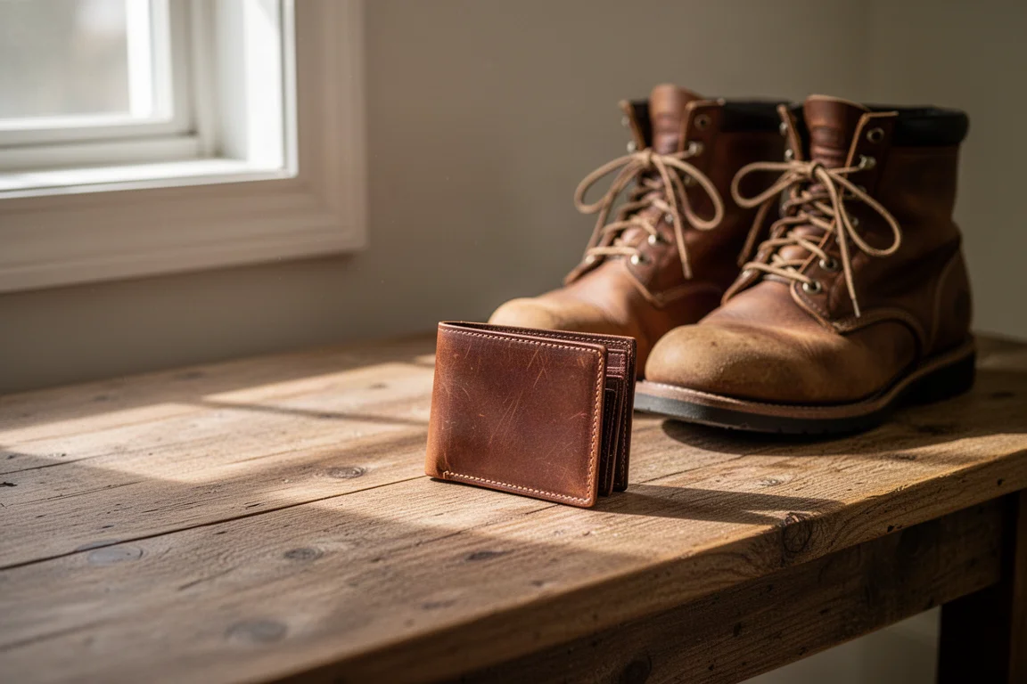 Worn leather wallet resting on a wooden entryway table beside laced boots
