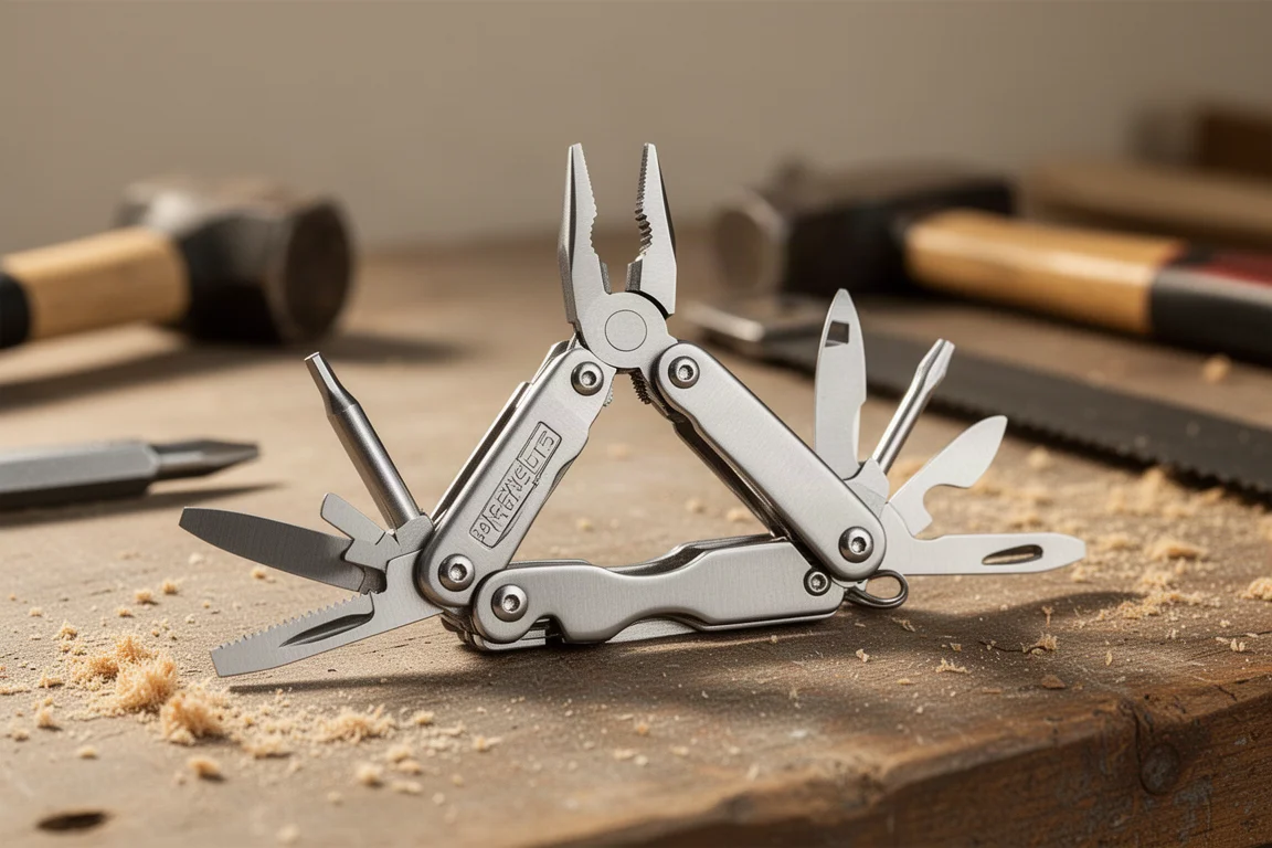 Multi-tool opened on a workbench with pliers and screwdriver bits deployed