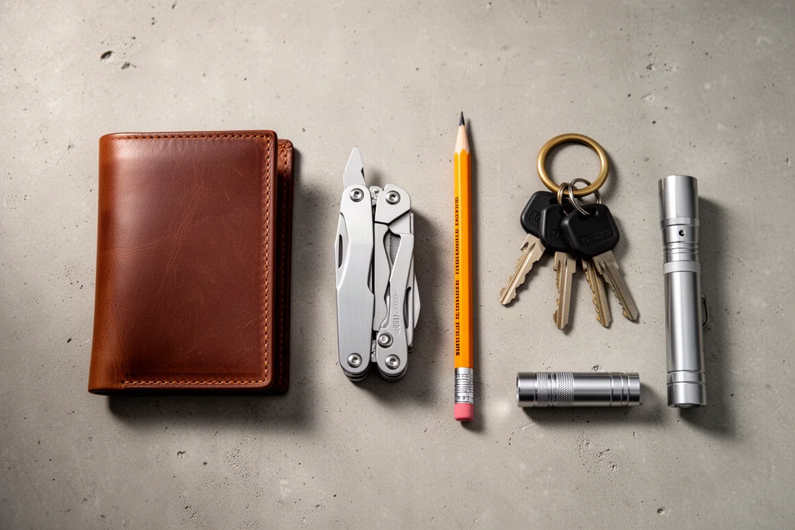 Compact everyday carry items laid out on a table in a neat flat-lay arrangement