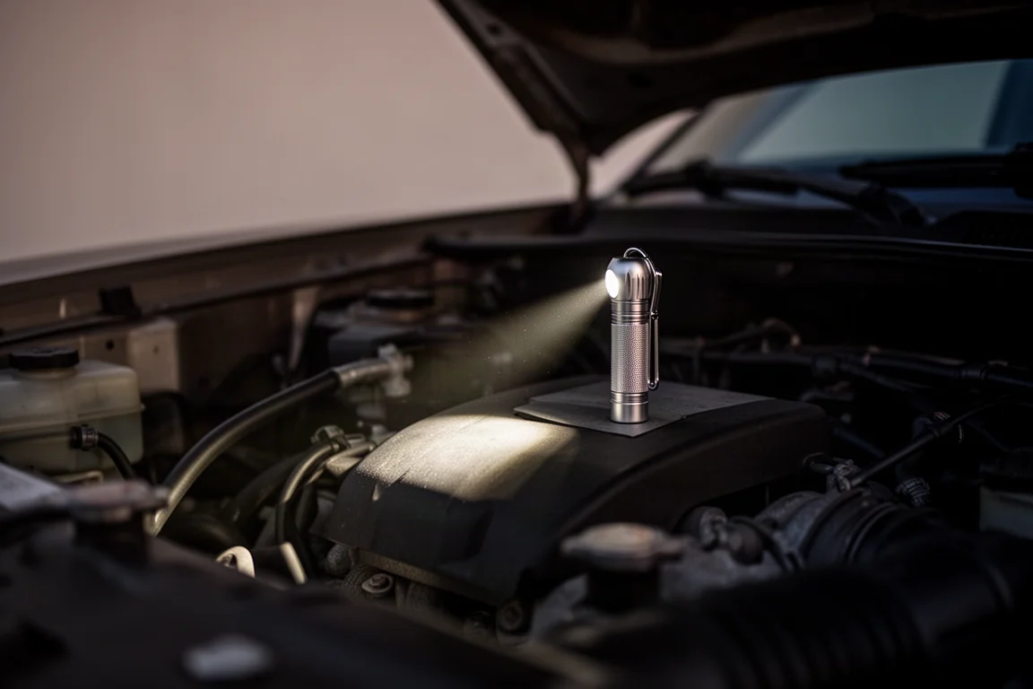 Small pocket flashlight casting a focused beam into a dark engine bay