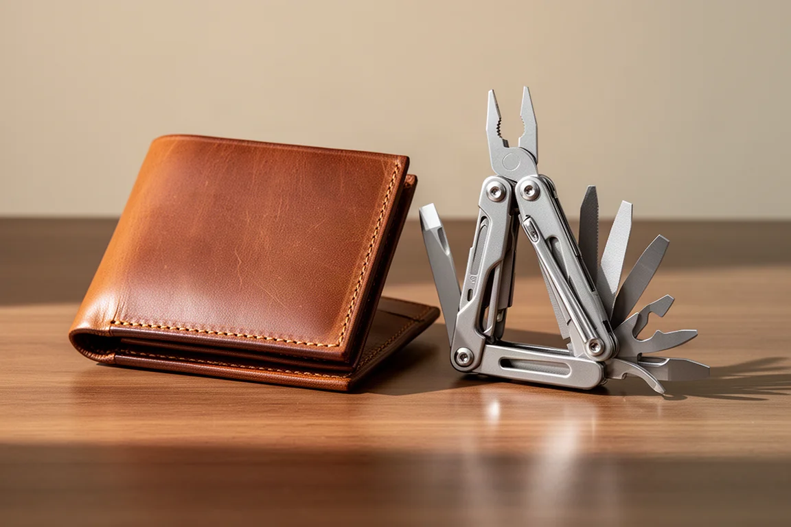 Brown leather wallet and stainless steel multi-tool side by side on a wooden desk