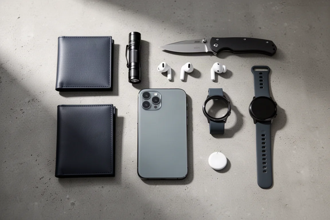 Flat-lay of everyday carry items including wallet, flashlight, knife, earbuds, phone, watch, and tracker