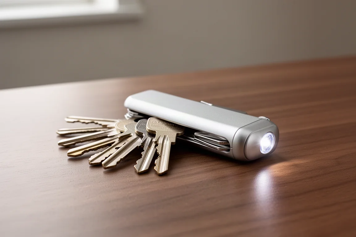 Organizer per chiavi compatto con una piccola luce LED appoggiato su una scrivania in legno