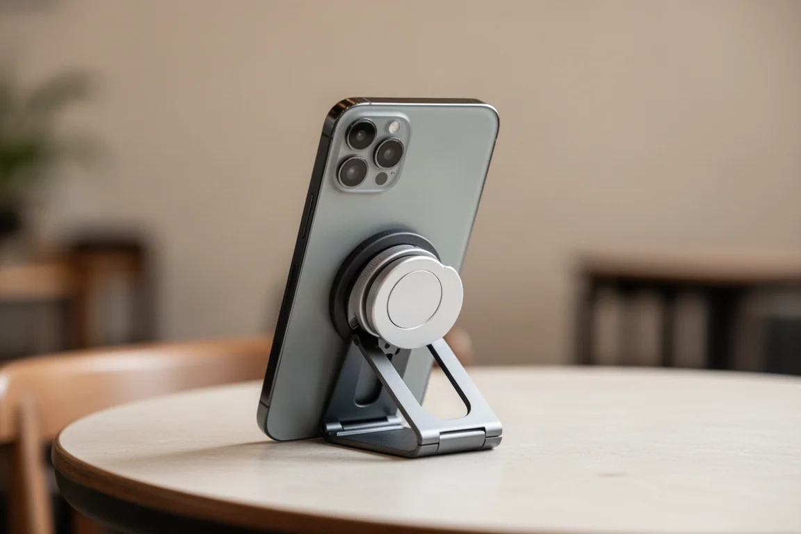 Telefono in piedi su un tavolo, sorretto da un grip MagSafe
