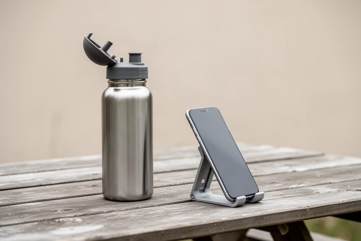 Borraccia in acciaio inox aperta a scatto come supporto per telefono che regge uno smartphone