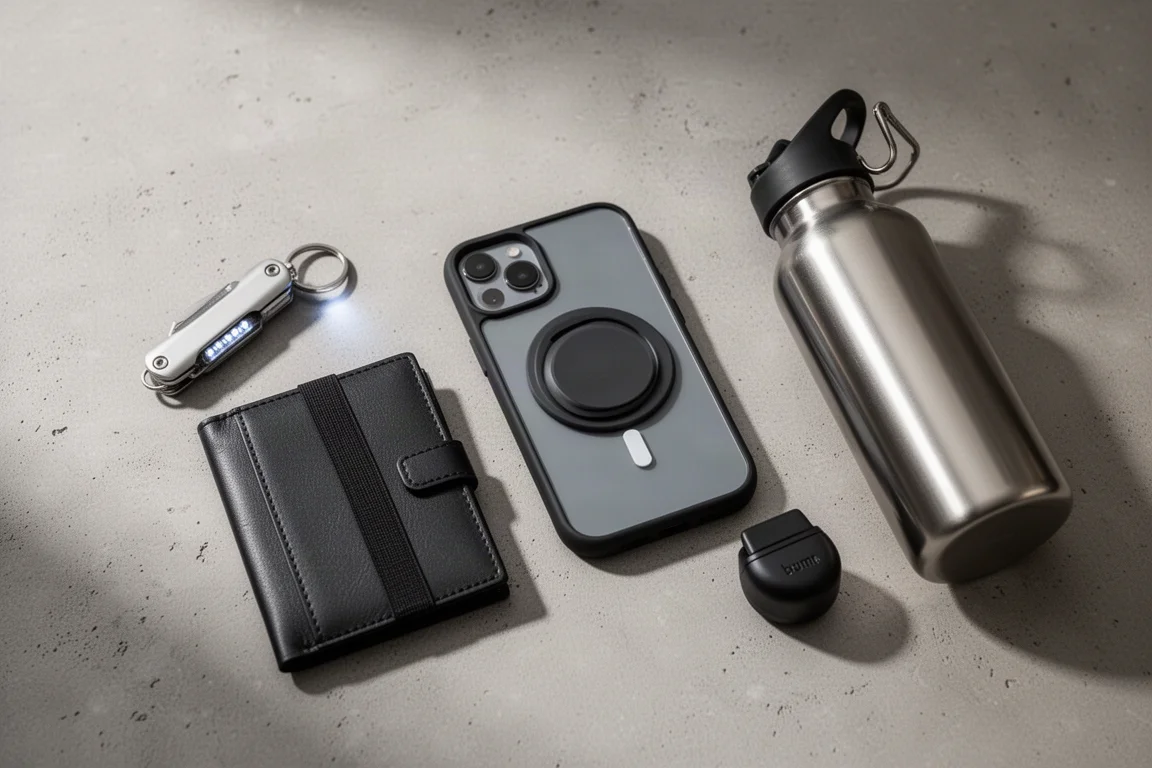 Flat-Lay mit Schlüsselorganizer, Lederbrieftasche, Handy mit Griff, Wasserflasche und Kaugummi-Spender