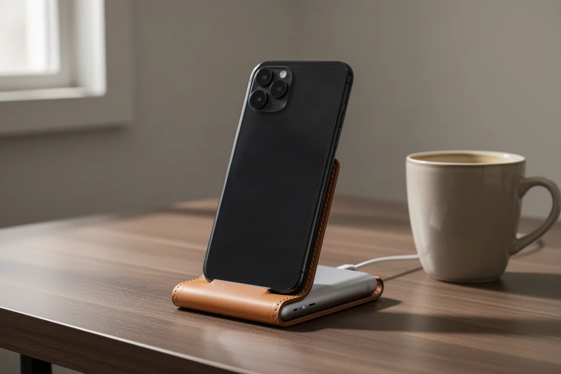Uno smartphone appoggiato su uno stand sottile in pelle avvolta per batteria magnetica su una scrivania
