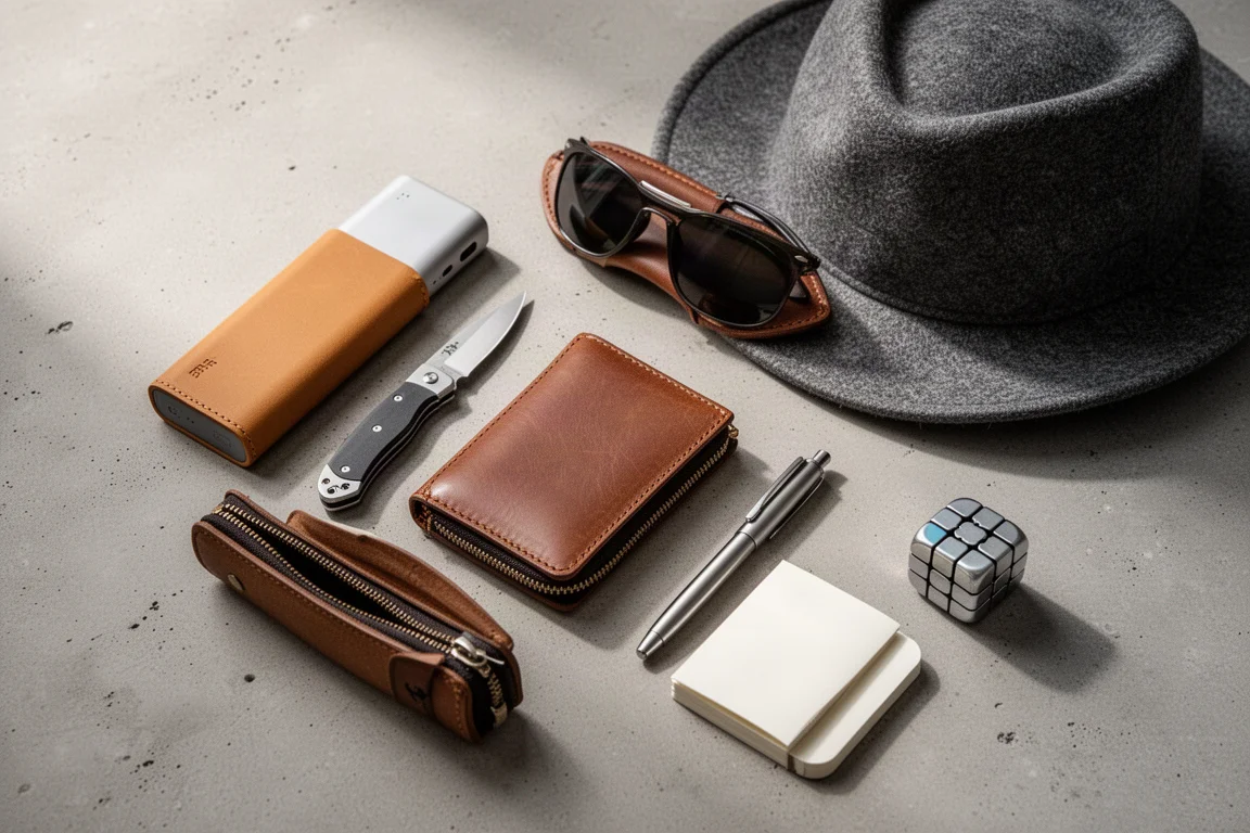 Composizione flat-lay di oggetti everyday carry tra cui portafoglio, coltello, taccuino, penna e cappello sul cemento