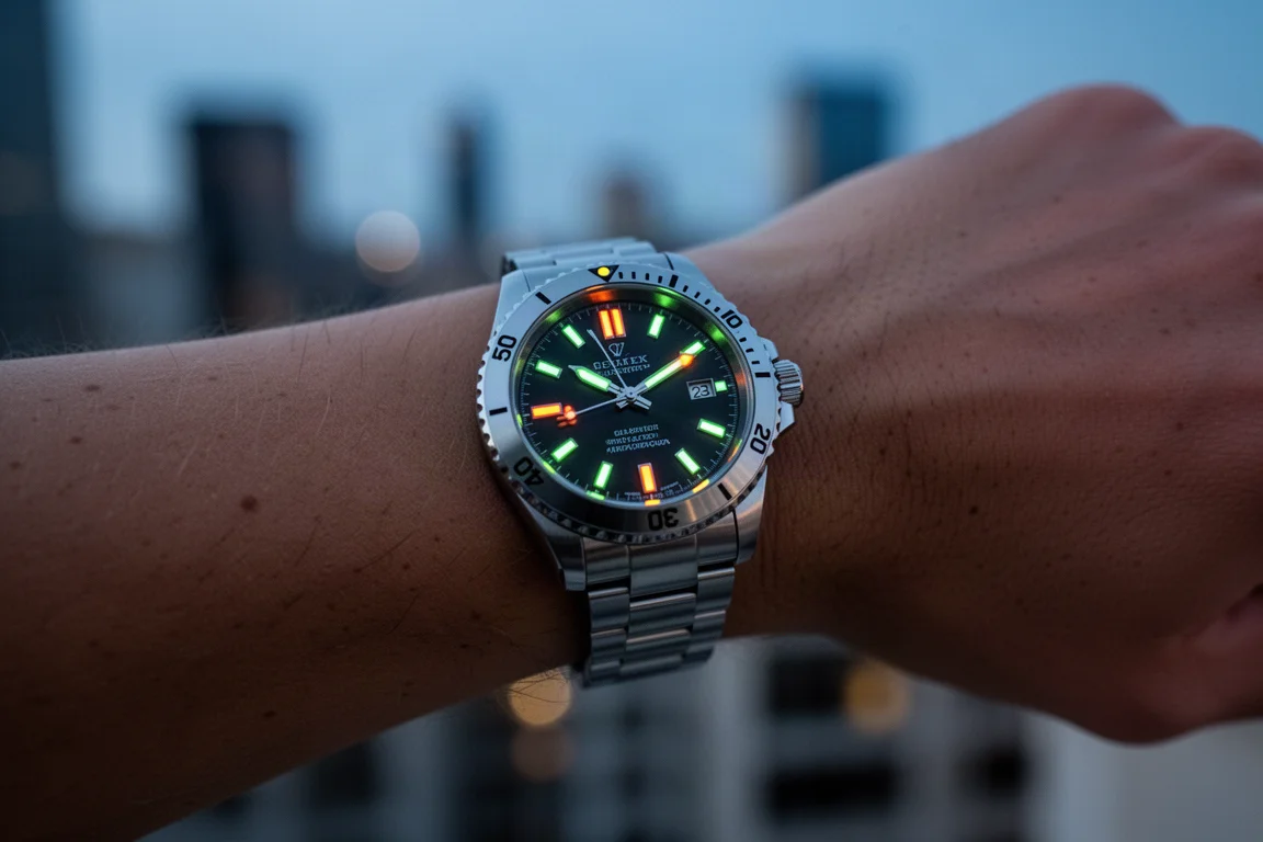 Pulso usando um relógio GMT de aço inoxidável com lume de trítio brilhando