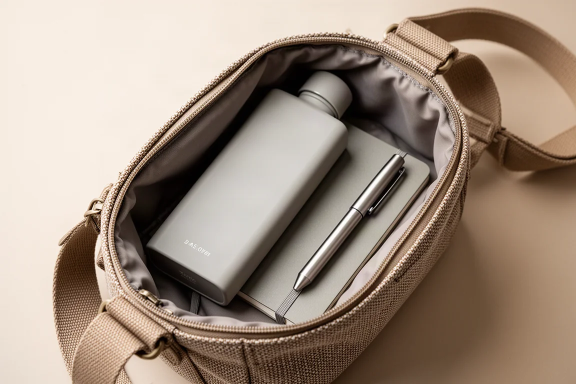 Compartimento principal da bag crossbody com garrafa plana de água, caderno e caneta
