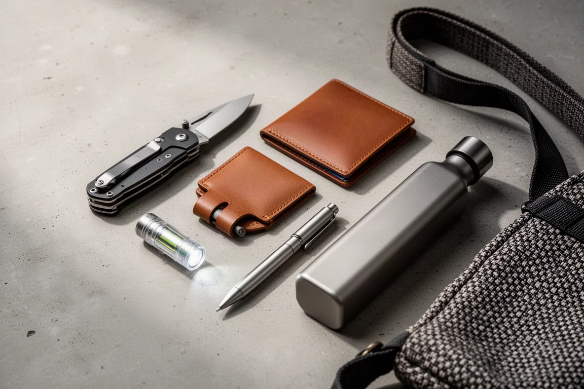 Rozłożone na płasko przedmioty everyday carry, w tym scyzoryk, latarka, portfel, długopis i torba sling