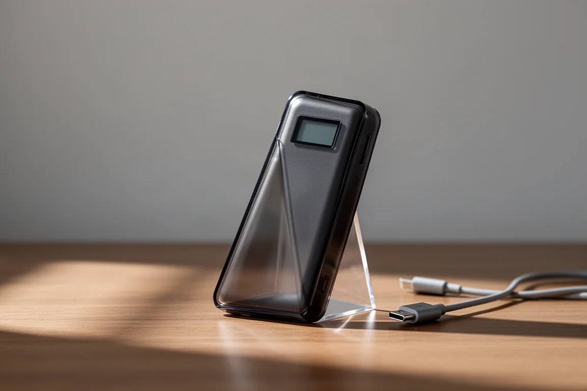 Powerbank o kształcie pryzmatu, przezroczysty, stojący na biurku z widocznym wyświetlaczem