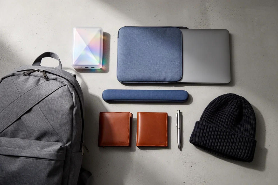 Rozłożone na płasko wyposażenie EDC: powerbank, plecak, etui, portfele, długopis i czapka