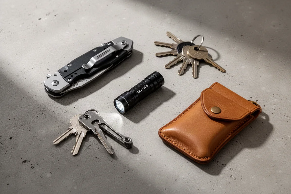 Flat-lay of everyday carry tools arranged on a concrete surface