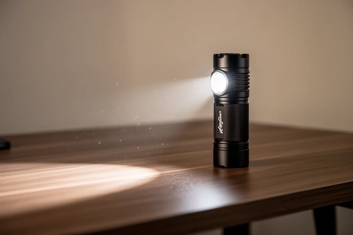 Compact LED flashlight resting on a desk casting a bright beam