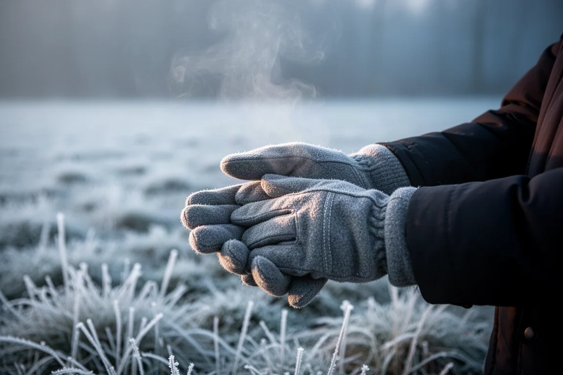 Gloved hands warming themselves on a cold winter morning