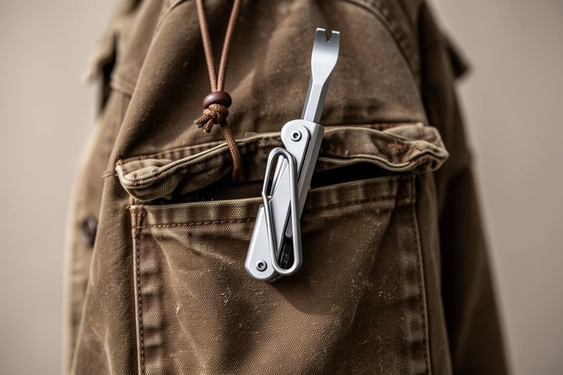 Titanium pry bar clipped inside a jacket pocket with lanyard visible