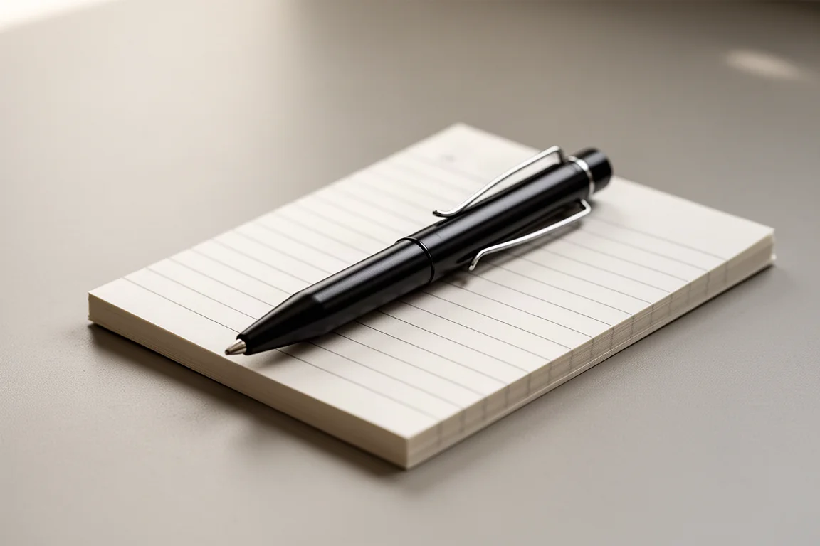 Polished black aluminum EDC pen resting on a notebook