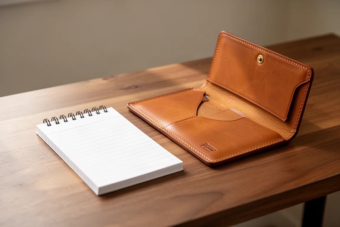 Small lined pocket notebook beside a tan leather sleeve