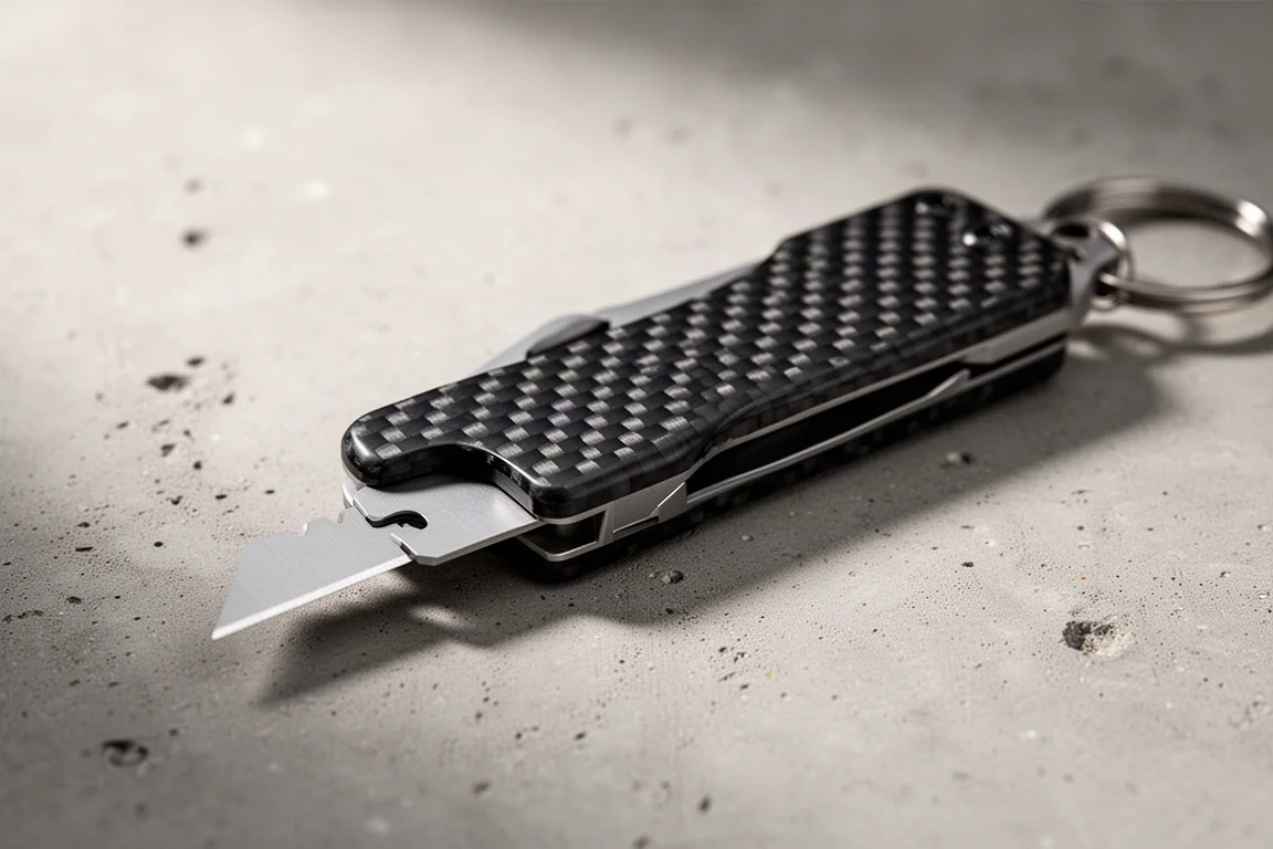 Compact carbon fiber keychain utility knife with blade deployed