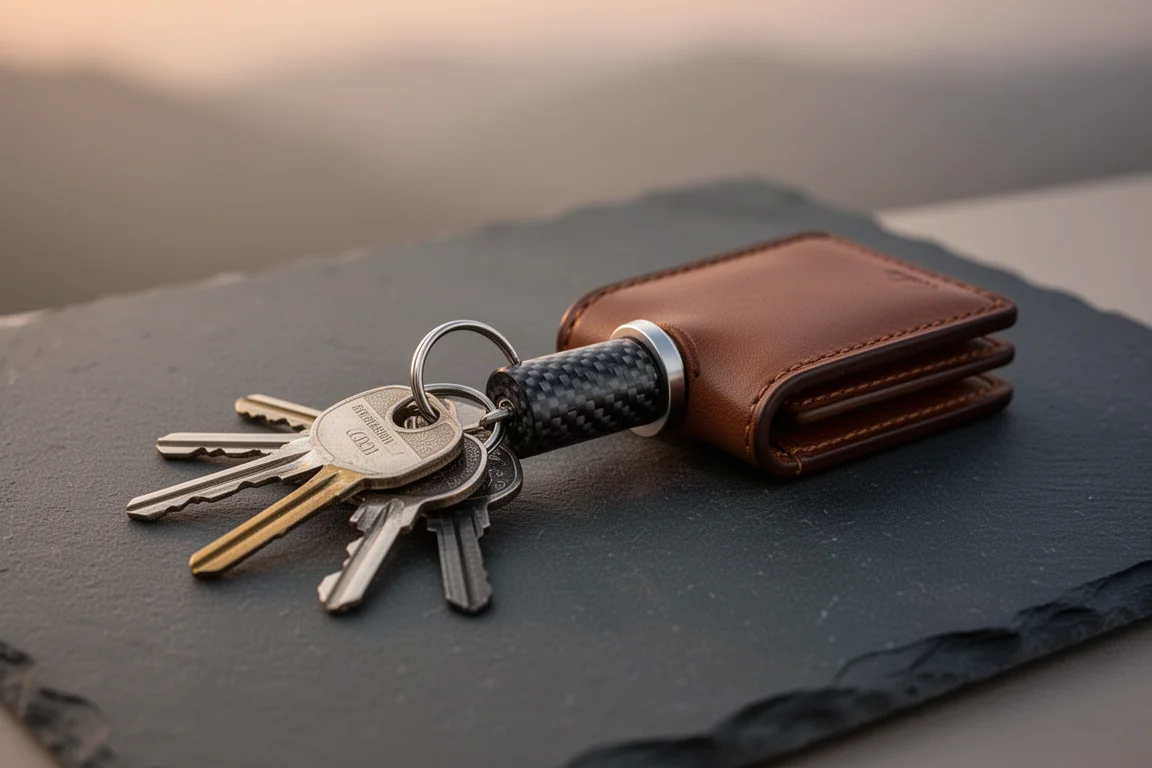 Keys attached to a small carbon fiber magnetic quick-release keychain