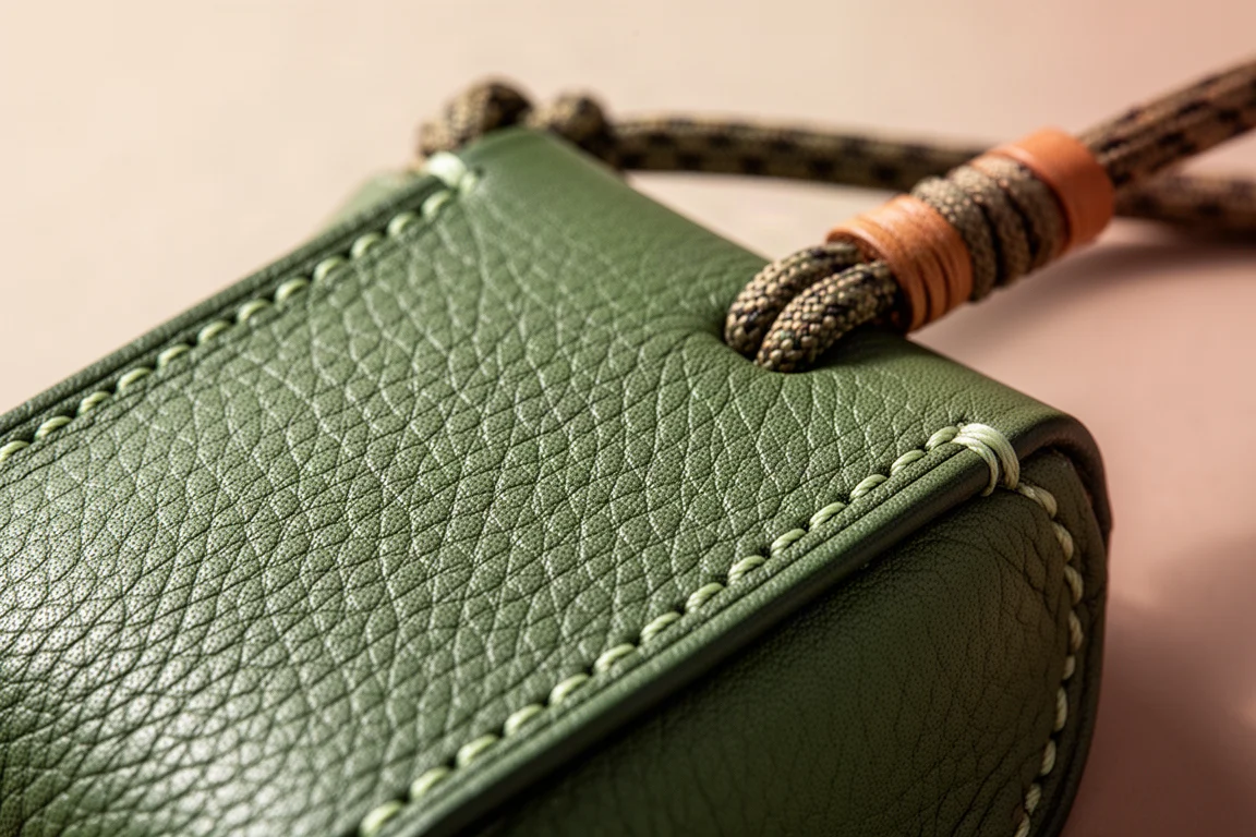 Primo piano di cuoio a grana martellata con cuciture a mano su un pocket caddy