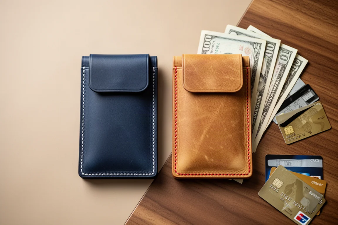 Due portafogli in cuoio minimalisti con contanti e carte disposti sopra
