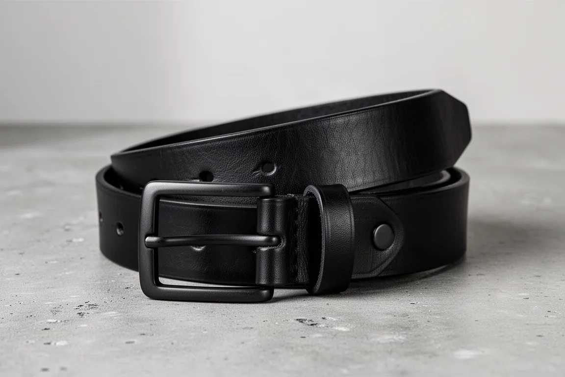 Cintura in cuoio interamente nera arrotolata con fibbia in ottone nero opaco