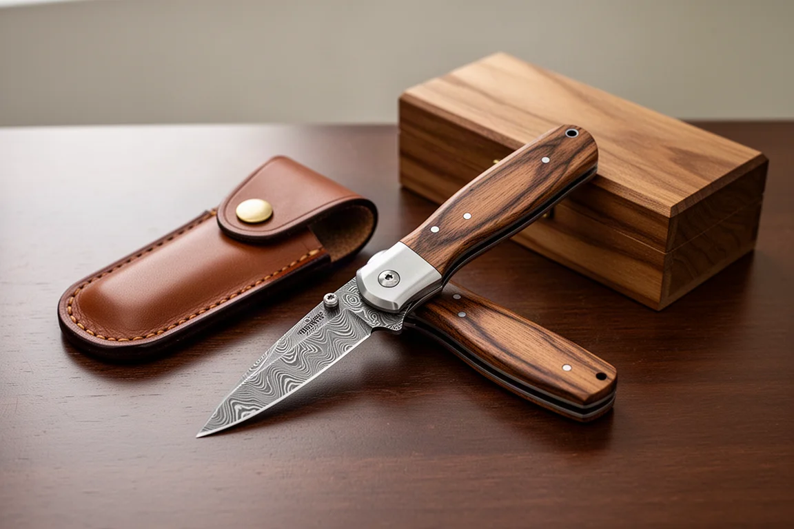 Piccolo coltello pieghevole aperto sulla scrivania con fodera in cuoio e custodia in legno