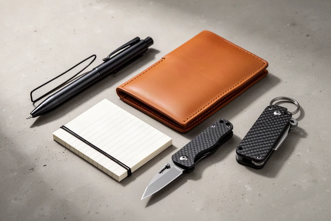 Composizione flat-lay di una penna EDC, un taccuino da tasca, una custodia in pelle e due attrezzi da portachiavi in fibra di carbonio su cemento