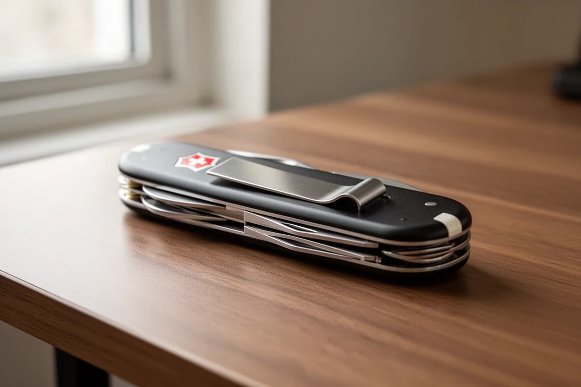 Un coltellino pieghevole e piccoli oggetti everyday carry disposti su una superficie di cemento