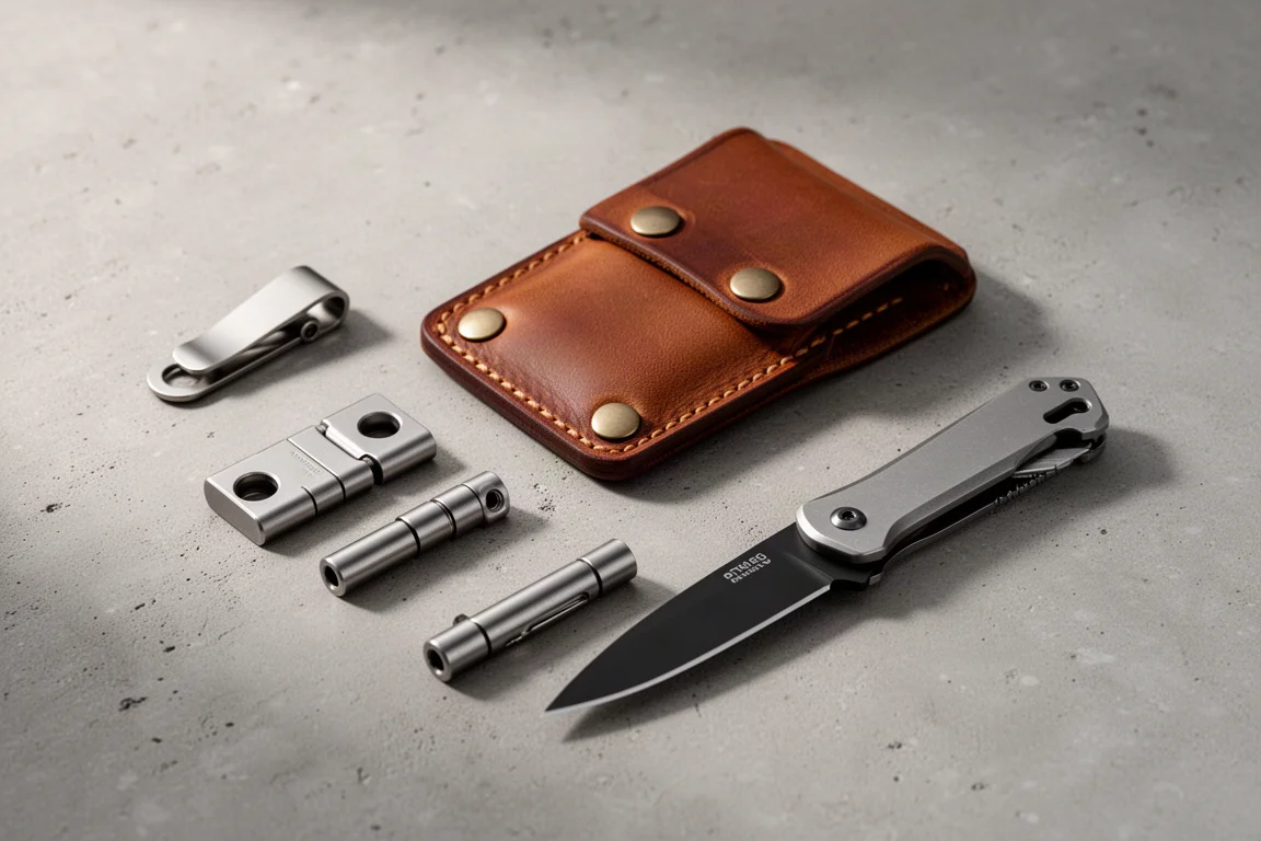 Flat-lay di attrezzatura everyday carry con coltellino, accendino, torcia, adattatore da viaggio, borsa a tracolla e treppiede su cemento