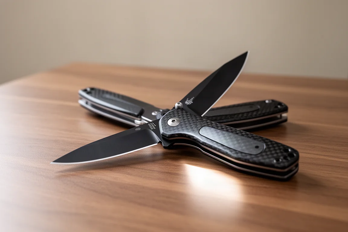 Coltello pieghevole compatto aperto su una scrivania in legno con luce soffusa