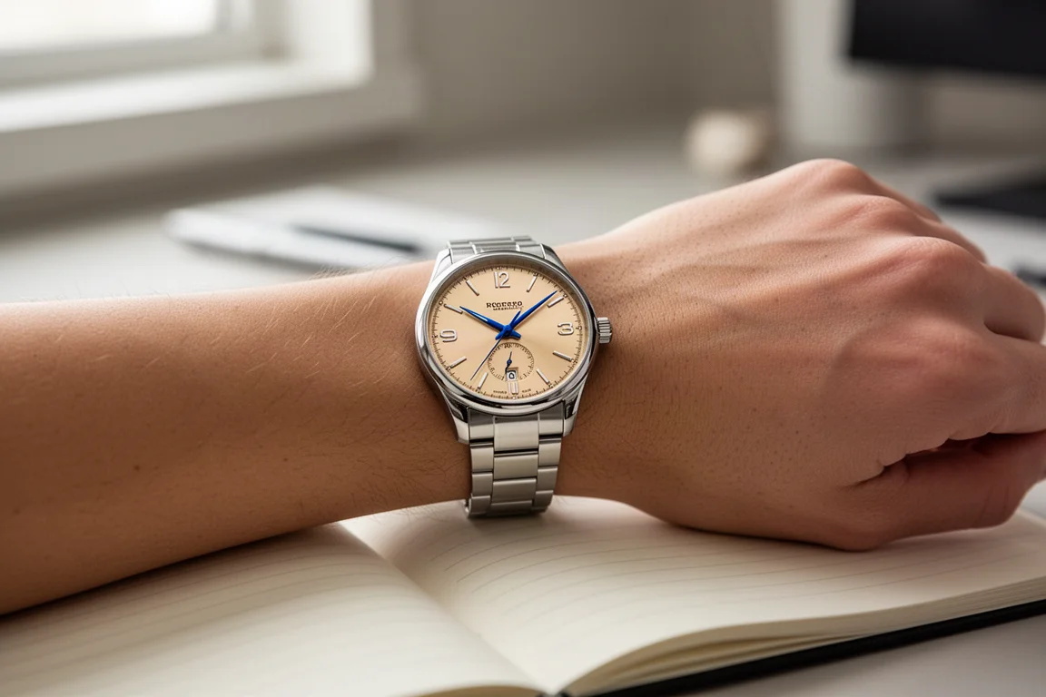 Orologio da sera al polso accanto a un quaderno alla luce del giorno